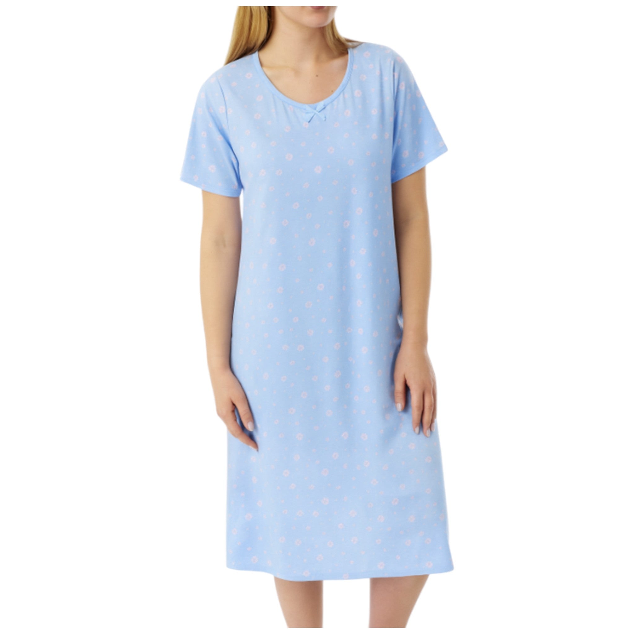 Ladies soft touch short sleeve nightdress in light blue with pink floral print and bow detail, lightweight fabric sleepwear for women